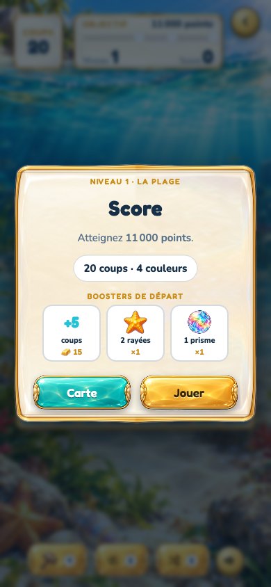 Fenêtre avant-niveau : objectif de score, nombre de coups et boosters de départ